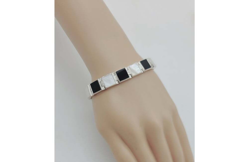 Vintage Sterling Silver Inlaid MOP & Black Onyx Bracelet 7.25" FAS 925